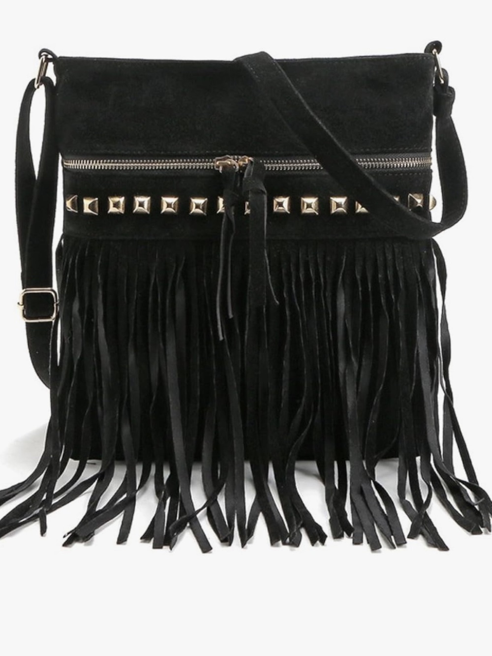 Black Fringe, Faux Suede, Crossbody Bag with Stud Detail
